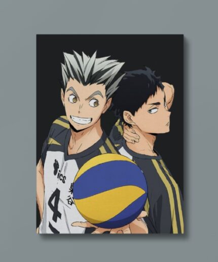 A striking metal poster showcasing Akaashi and Bokuto from Haikyu!!, capturing their intense volleyball partnership.