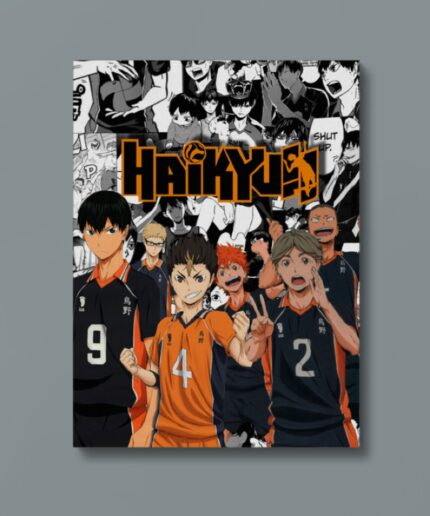 A stunning metal poster featuring the full roster of Haikyu!! characters, showcasing the diversity and teamwork of the series.